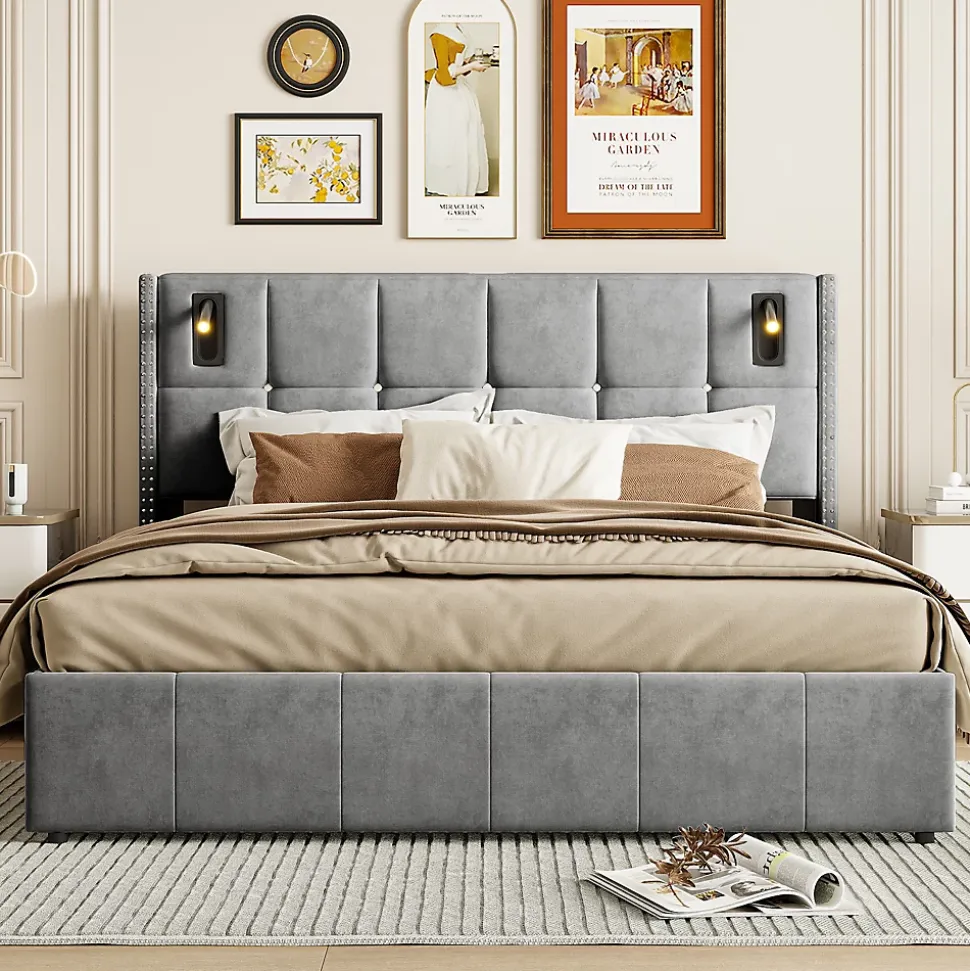 Lit coffre 160x200 cm avec sommier à lattes, lit rembourré avec port USB et Type-C, LED, velours, gris