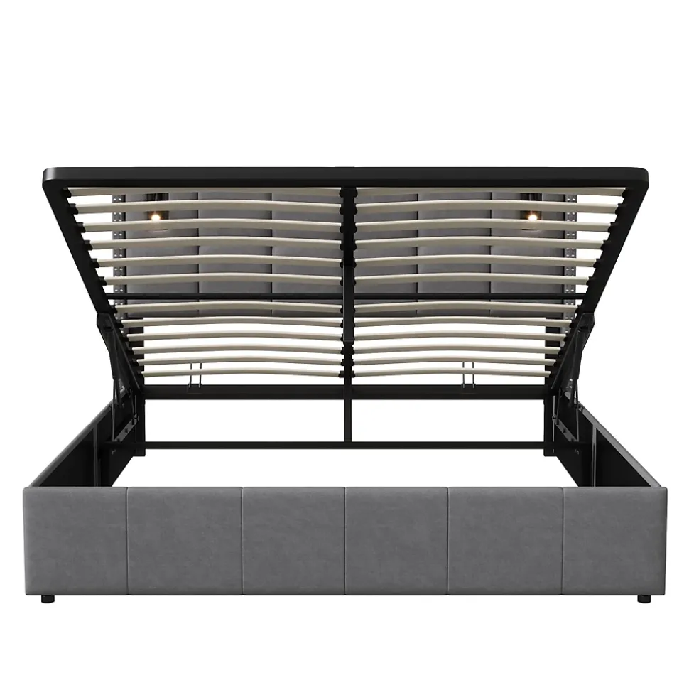 Lit coffre 160x200 cm avec sommier à lattes, lit rembourré avec port USB et Type-C, LED, velours, gris