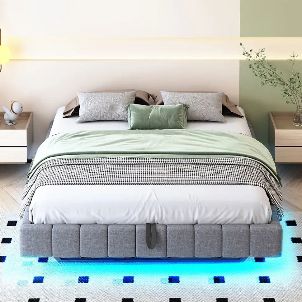 Lit Coffre 160x200 cm avec Sommier Relevable - Lit Double Tissu Gris avec Rangement et Bande LED Intégrée - Sans Matelas