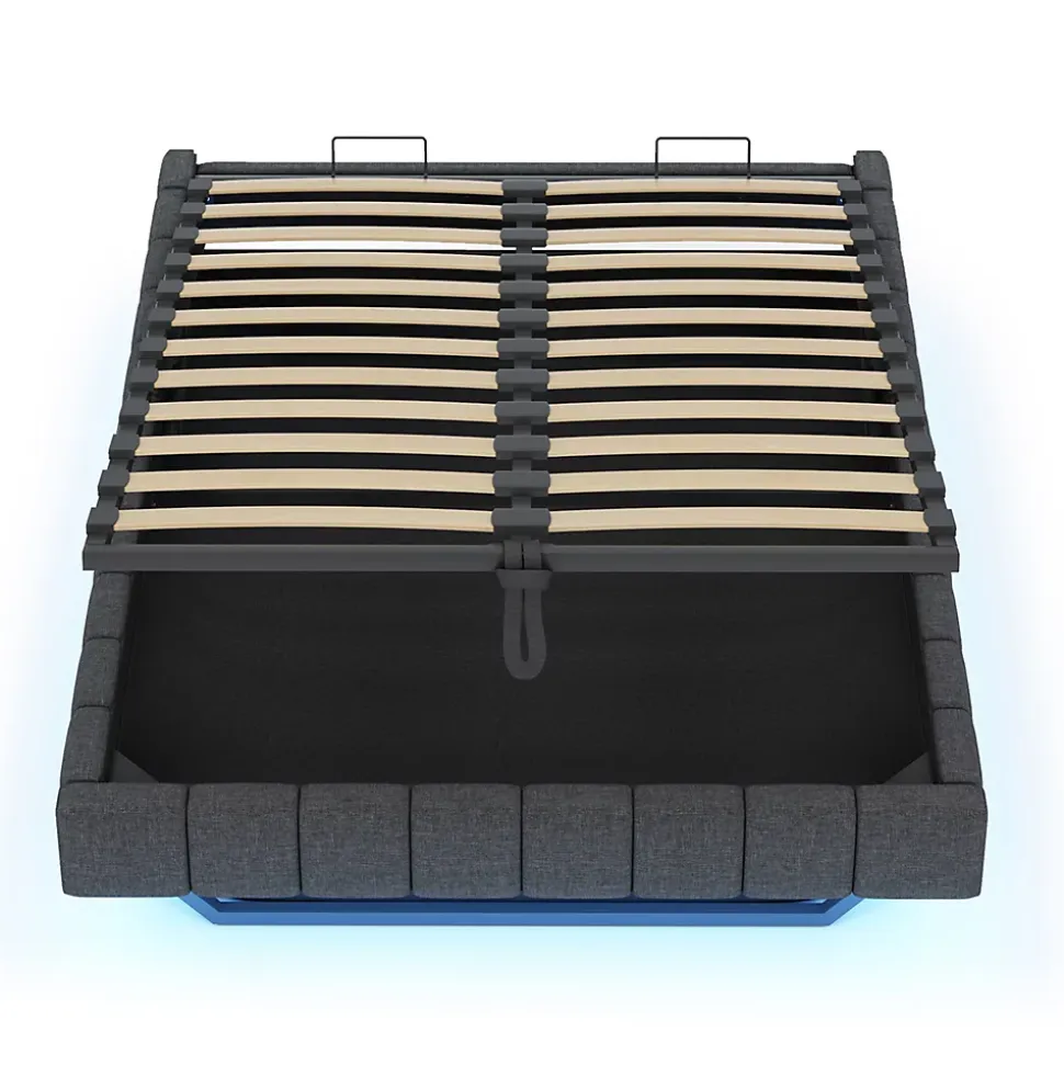 Lit Coffre 160x200 cm avec Sommier Relevable - Lit Double Tissu Gris avec Rangement et Bande LED Intégrée - Sans Matelas