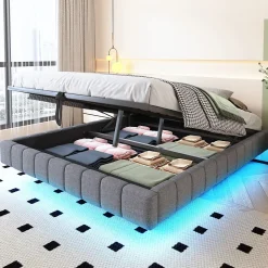 Lit Coffre 160x200 cm avec Sommier Relevable - Lit Double Tissu Gris avec Rangement et Bande LED Intégrée - Sans Matelas