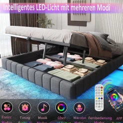 Lit Coffre 160x200 cm avec Sommier Relevable - Lit Double Tissu Gris avec Rangement et Bande LED Intégrée - Sans Matelas