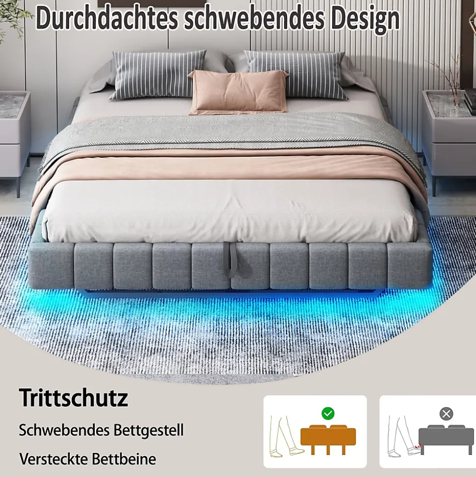 Lit Coffre 160x200 cm avec Sommier Relevable - Lit Double Tissu Gris avec Rangement et Bande LED Intégrée - Sans Matelas