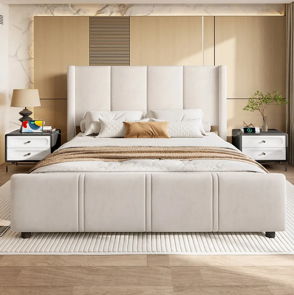 Lit coffre 140x200 cm avec tête de lit trapézoïdale, lit double éclairage LED, ports USB, 2 tiroirs, hauteur réglable, Beige