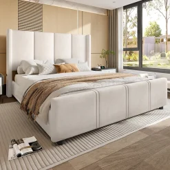 Lit coffre 140x200 cm avec tête de lit trapézoïdale, lit double éclairage LED, ports USB, 2 tiroirs, hauteur réglable, Beige