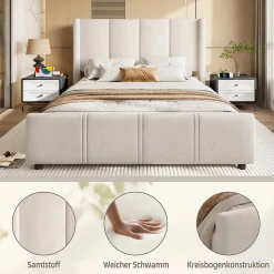 Lit coffre 140x200 cm avec tête de lit trapézoïdale, lit double éclairage LED, ports USB, 2 tiroirs, hauteur réglable, Beige