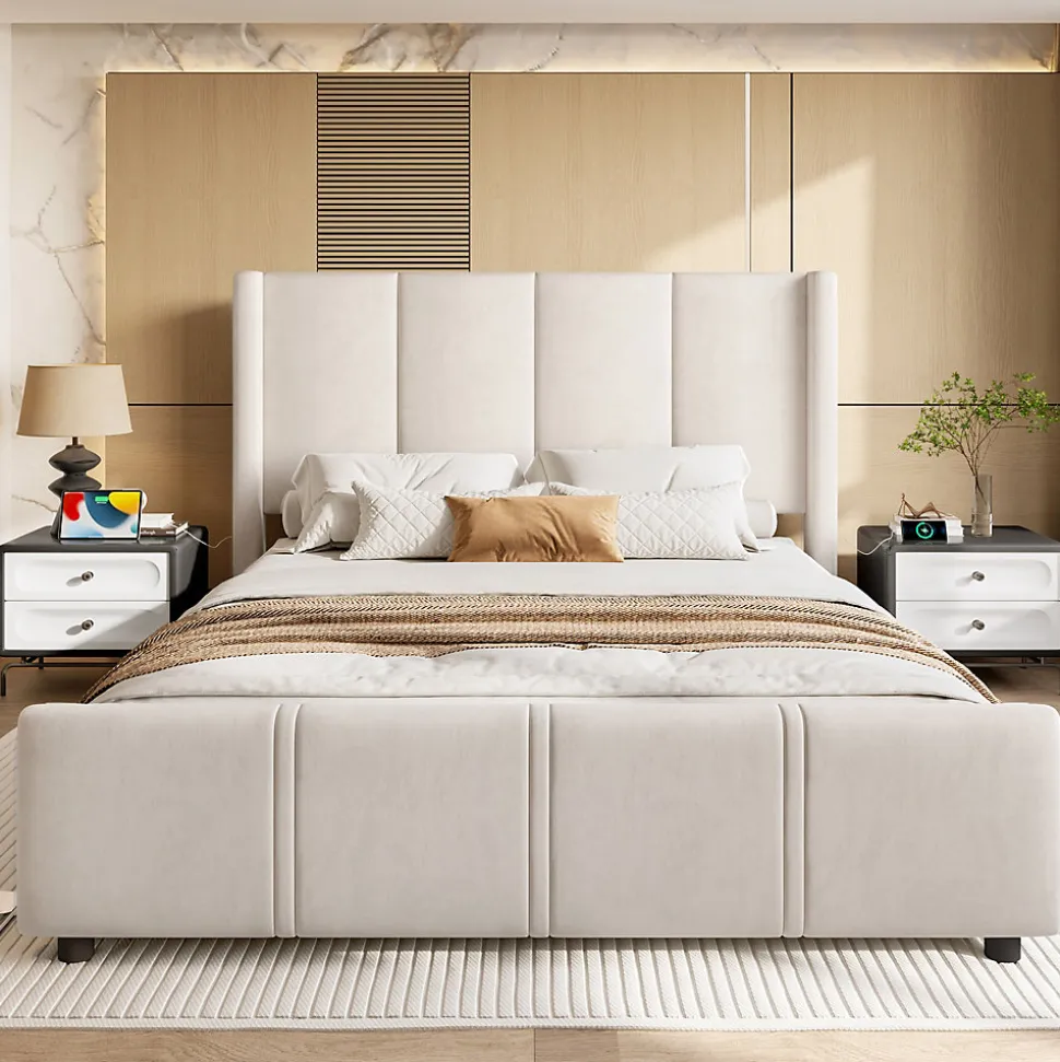 Lit coffre 140x200 cm avec tête de lit trapézoïdale, lit double éclairage LED, ports USB, 2 tiroirs, hauteur réglable, Beige