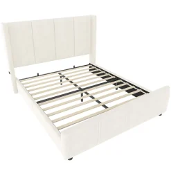 Lit coffre 140x200 cm avec tête de lit trapézoïdale, lit double éclairage LED, ports USB, 2 tiroirs, hauteur réglable, Beige