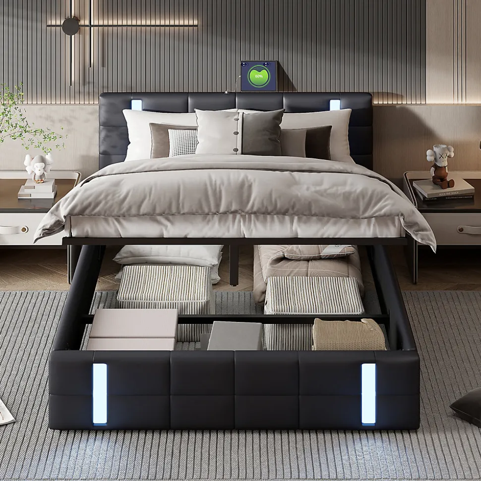 Lit Coffre 160x200 cm avec USB et Type-C,LED,Lit Capitonné avec Rangement,hydraulique lit, PU
