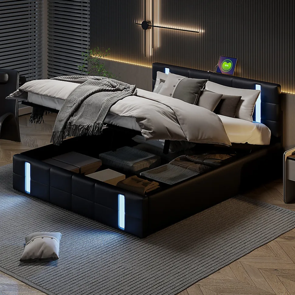 Lit Coffre 160x200 cm avec USB et Type-C,LED,Lit Capitonné avec Rangement,hydraulique lit, PU