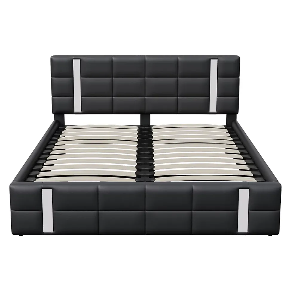 Lit Coffre 160x200 cm avec USB et Type-C,LED,Lit Capitonné avec Rangement,hydraulique lit, PU