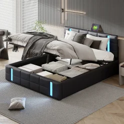 Lit Coffre 160x200 cm avec USB et Type-C,LED,Lit Capitonné avec Rangement,hydraulique lit, PU