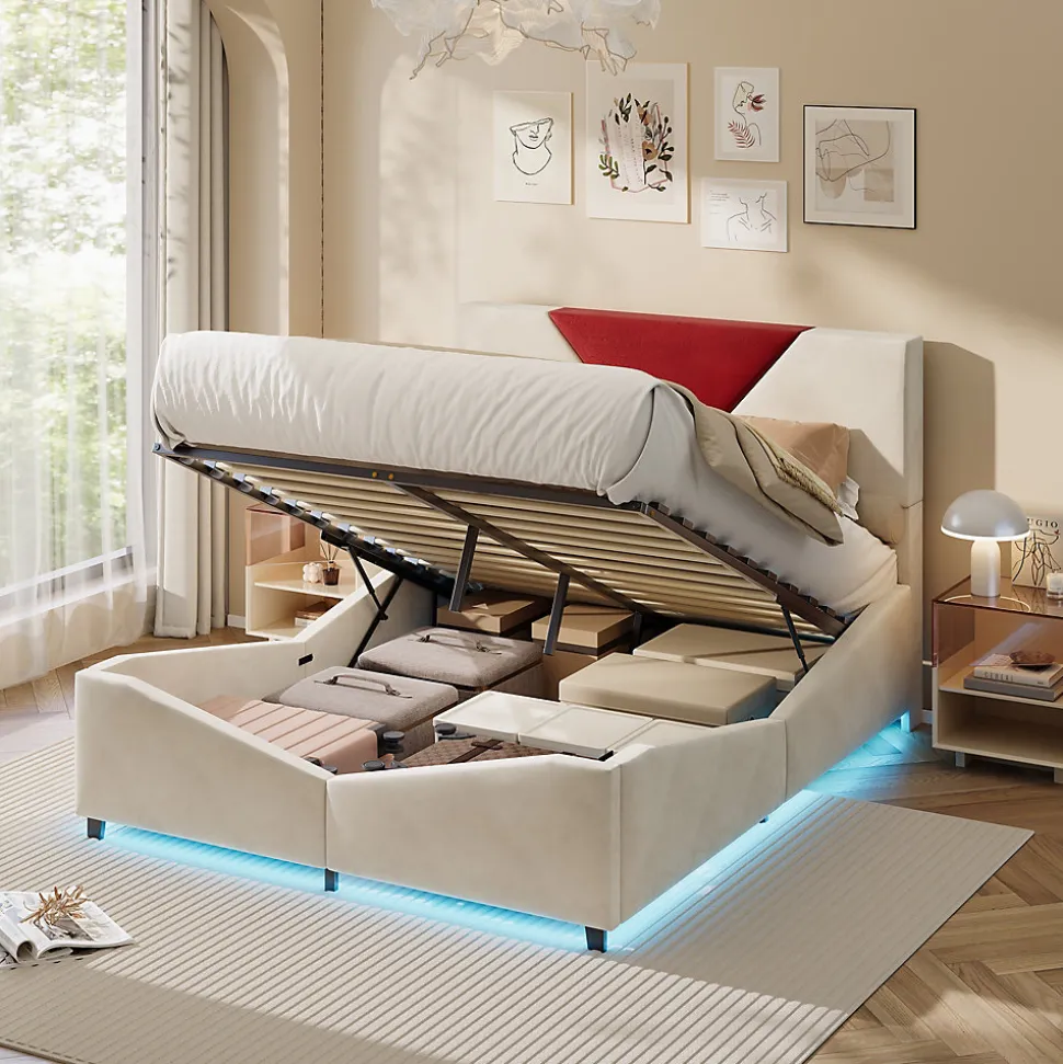 Lit coffre 140x200 cm beige avec tête triangulaire bordeaux, rangement à ouverture assistée par vérin, design moderne et pratique