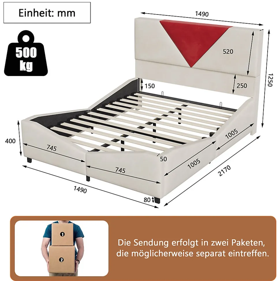 Lit coffre 140x200 cm beige avec tête triangulaire bordeaux, rangement à ouverture assistée par vérin, design moderne et pratique