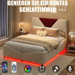 Lit coffre 140x200 cm beige avec tête triangulaire bordeaux, rangement à ouverture assistée par vérin, design moderne et pratique