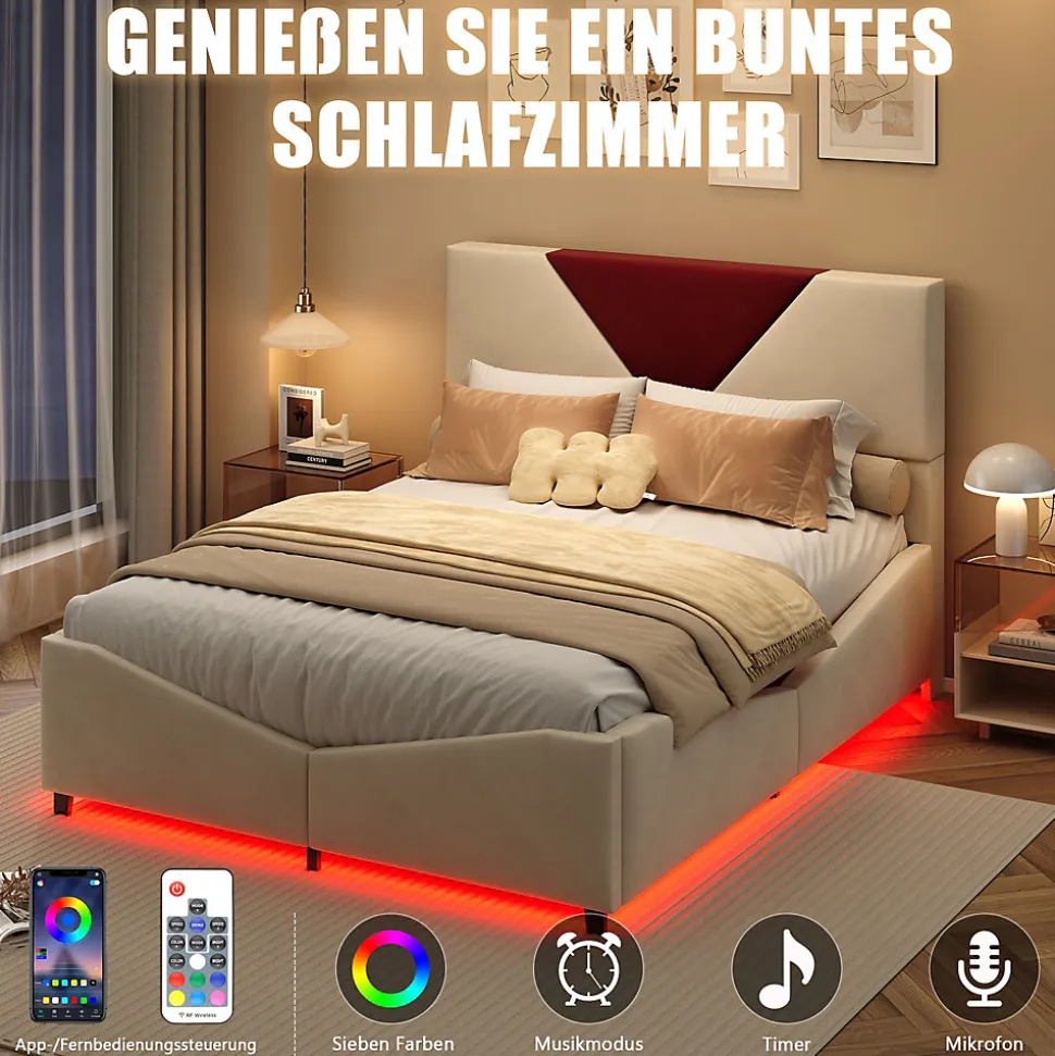 Lit coffre 140x200 cm beige avec tête triangulaire bordeaux, rangement à ouverture assistée par vérin, design moderne et pratique