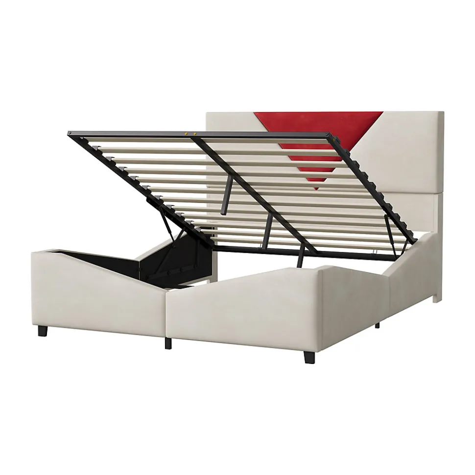 Lit coffre 140x200 cm beige avec tête triangulaire bordeaux, rangement à ouverture assistée par vérin, design moderne et pratique