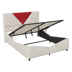 Lit coffre 140x200 cm beige avec tête triangulaire bordeaux, rangement à ouverture assistée par vérin, design moderne et pratique