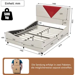 Lit coffre 140x190 cm beige avec tête triangulaire bordeaux, rangement à ouverture assistée par vérin, design moderne et pratique