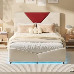 Lit coffre 140x190 cm beige avec tête triangulaire bordeaux, rangement à ouverture assistée par vérin, design moderne et pratique