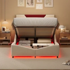 Lit coffre 140x190 cm beige avec tête triangulaire bordeaux, rangement à ouverture assistée par vérin, design moderne et pratique