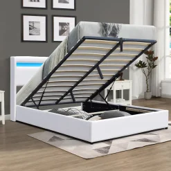 Lit coffre 120x190 cm blanc - tête de lit LED - 12 lattes - montage rapide - design moderne -