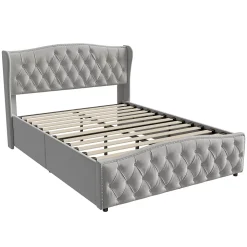 Lit Coffre 160x200 Cm, Cadre De Lit Avec Tête De Lit Et Sommier à Lattes, Velours, Gris