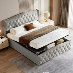 Lit Coffre 160x200 Cm, Cadre De Lit Avec Tête De Lit Et Sommier à Lattes, Velours, Gris