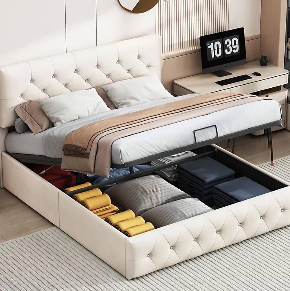 Lit Coffre 160x200 Cm, Cadre De Lit Avec Tête De Lit Et Sommier à Lattes, Velours, Beige