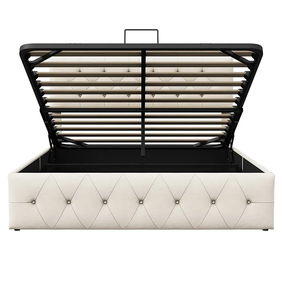 Lit Coffre 160x200 Cm, Cadre De Lit Avec Tête De Lit Et Sommier à Lattes, Velours, Beige