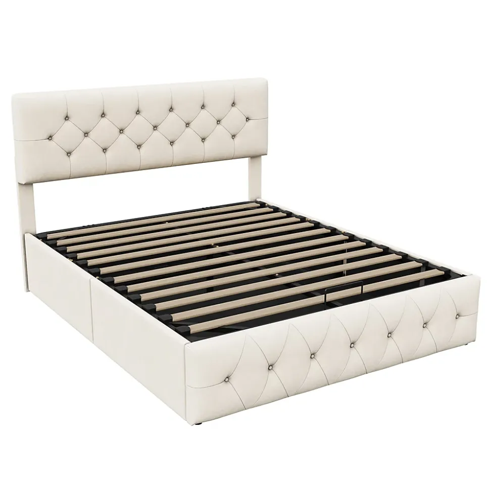 Lit Coffre 160x200 Cm, Cadre De Lit Avec Tête De Lit Et Sommier à Lattes, Velours, Beige