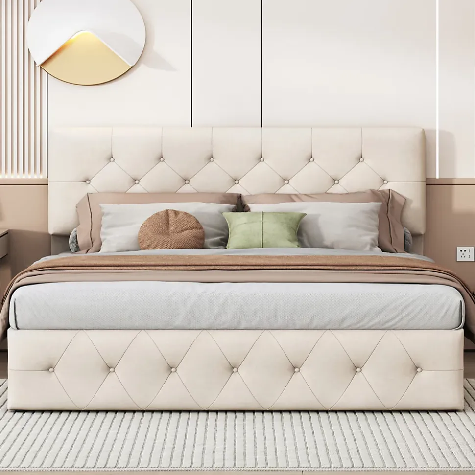 Lit Coffre 160x200 Cm, Cadre De Lit Avec Tête De Lit Et Sommier à Lattes, Velours, Beige