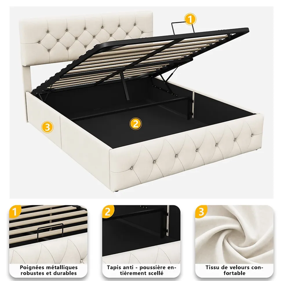 Lit Coffre 160x200 Cm, Cadre De Lit Avec Tête De Lit Et Sommier à Lattes, Velours, Beige