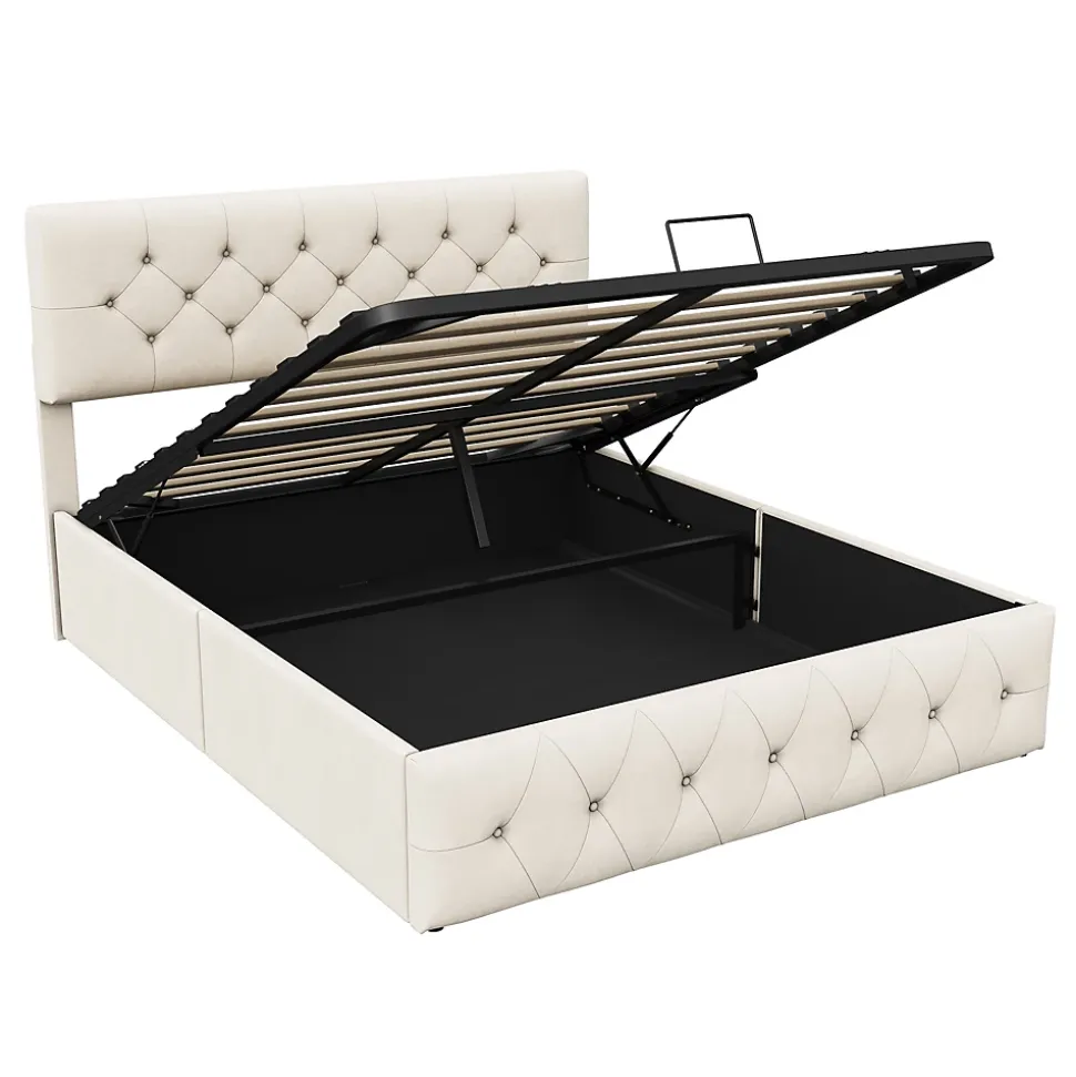 Lit Coffre 160x200 Cm, Cadre De Lit Avec Tête De Lit Et Sommier à Lattes, Velours, Beige