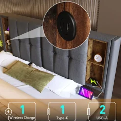 Lit coffre 140x200 cm capitonné avec rangement intégré, charge sans fil et USB-C - sommier et matelas inclus - tissu coton gris