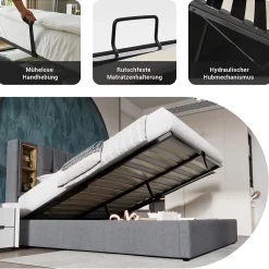 Lit coffre 140x200 cm capitonné avec rangement intégré, charge sans fil et USB-C - sommier et matelas inclus - tissu coton gris