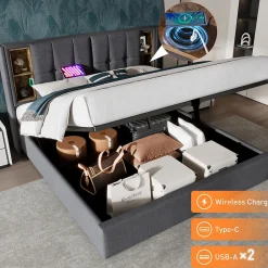 Lit coffre 140x200 cm capitonné avec rangement intégré, charge sans fil et USB-C - sommier et matelas inclus - tissu coton gris