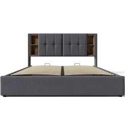 Lit coffre 140x200 cm capitonné avec rangement intégré, charge sans fil et USB-C - sommier et matelas inclus - tissu coton gris