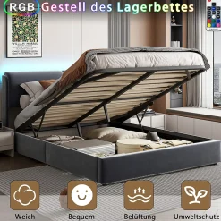 Lit coffre 160x200 cm, capitonné, rangement, sommier à lattes, tête de lit, velours beige (2 personnes).