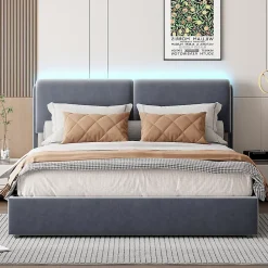 Lit coffre 160x200 cm, capitonné, rangement, sommier à lattes, tête de lit, velours beige (2 personnes).