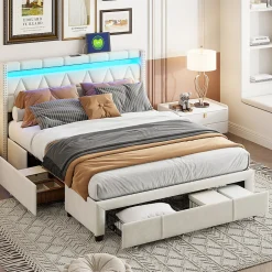 Lit coffre 160x200 cm, capitonné lin, lit double avec 4 tiroirs, LED, USB & Type-C, sommier à lattes et tête de lit, Beige