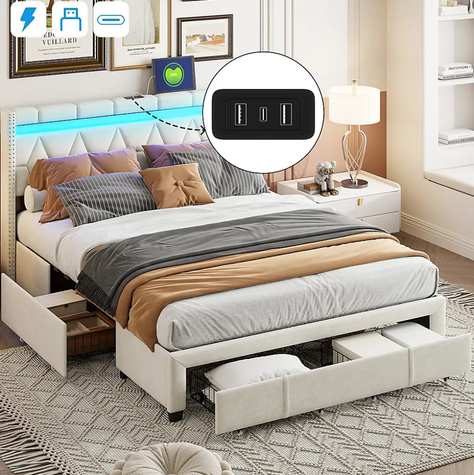 Lit coffre 160x200 cm, capitonné lin, lit double avec 4 tiroirs, LED, USB & Type-C, sommier à lattes et tête de lit, Beige