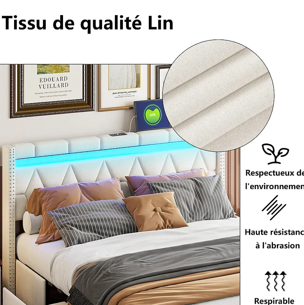 Lit coffre 160x200 cm, capitonné lin, lit double avec 4 tiroirs, LED, USB & Type-C, sommier à lattes et tête de lit, Beige