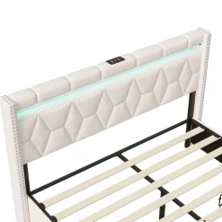 Lit coffre 160x200 cm, capitonné lin, lit double avec 4 tiroirs, LED, USB & Type-C, sommier à lattes et tête de lit, Beige