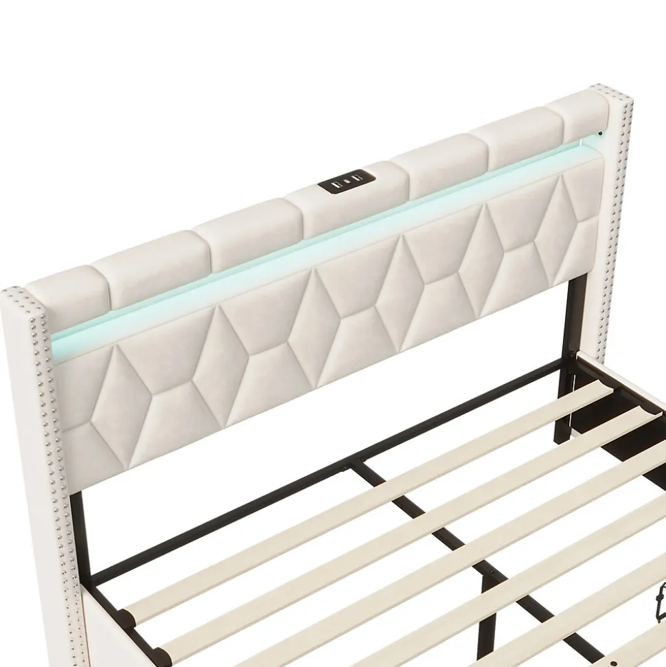 Lit coffre 160x200 cm, capitonné lin, lit double avec 4 tiroirs, LED, USB & Type-C, sommier à lattes et tête de lit, Beige