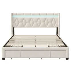Lit coffre 160x200 cm, capitonné lin, lit double avec 4 tiroirs, LED, USB & Type-C, sommier à lattes et tête de lit, Beige