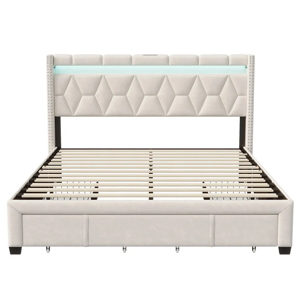 Lit coffre 160x200 cm, capitonné lin, lit double avec 4 tiroirs, LED, USB & Type-C, sommier à lattes et tête de lit, Beige