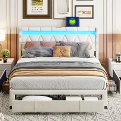 Lit coffre 160x200 cm, capitonné lin, lit double avec 4 tiroirs, LED, USB & Type-C, sommier à lattes et tête de lit, Beige