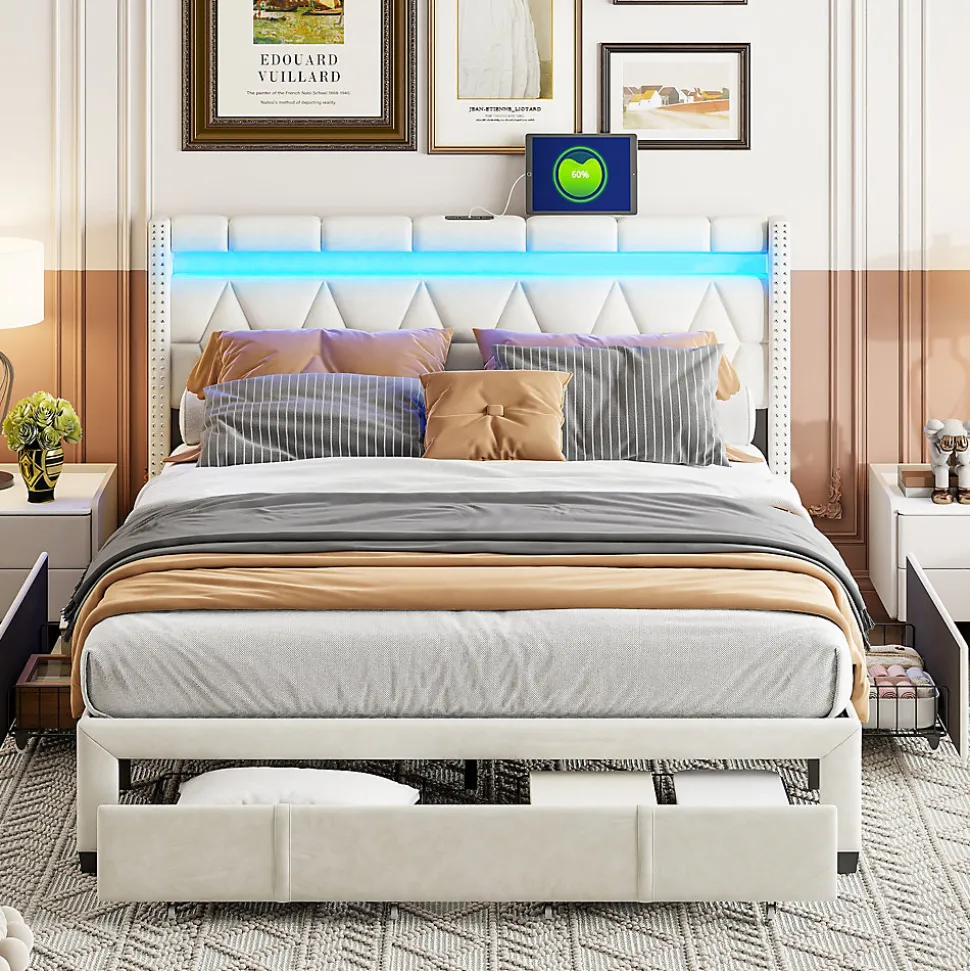 Lit coffre 160x200 cm, capitonné lin, lit double avec 4 tiroirs, LED, USB & Type-C, sommier à lattes et tête de lit, Beige