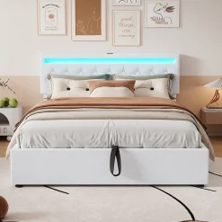 Lit coffre 160x200 cm double adulte avec télécommande LED et ports USB-C, structure lin MDF blanc, sans matelas